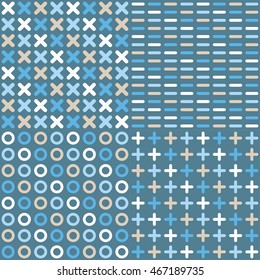 Set of 4 seamless vector backgrounds with geometric shapes. Repeating background. Cloth design, wallpaper.