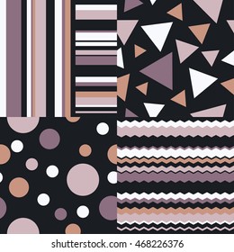 Set of 4 seamless vector backgrounds with geometric shapes. Repeating background. Cloth design, wallpaper.