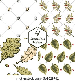 Set of 4 seamless vector backgrounds. Forest, leaves, berries, bugs, ivy prints.