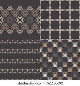 Set of 4 Seamless vector backgrounds cross stitch Norwegian snowflakes. Folk motifs. Winter pattern. Textile rapport.