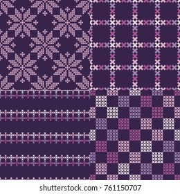 Set of 4 Seamless vector backgrounds cross stitch Norwegian snowflakes. Folk motifs. Winter pattern. Textile rapport.