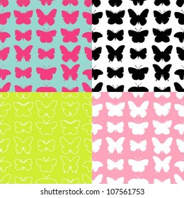 Set of 4 seamless vector patterns with various butterfly silhouettes