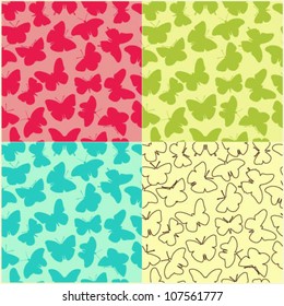 Set of 4 seamless vector patterns with various butterfly silhouettes