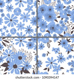 Set of 4 seamless vector patterns made of various blue flowers and brown leaves. Elements for design.