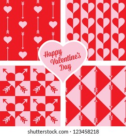 Set of 4 Seamless Vector Patterns with Hearts and Arrows for Valentine's Day