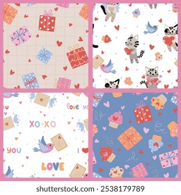 Set of 4 seamless vector patterns featuring cute cats in love. Perfect for Valentine’s Day designs, wedding stationery, wrapping paper, textiles, digital backgrounds, and social media graphics.