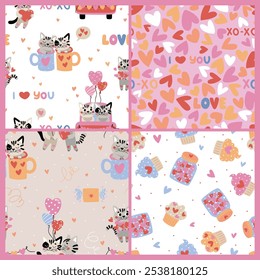 Set of 4 seamless vector patterns featuring cute cats in love. Perfect for Valentine’s Day designs, wedding stationery, wrapping paper, textiles, digital backgrounds, and social media graphics.