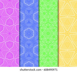 Set of 4 seamless vector patterns. Geometric floral pattern of lines and shapes. Modern design for backgrounds, wallpaper, invitations.