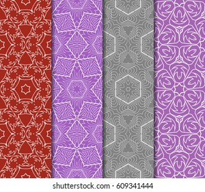 Set of 4 seamless vector patterns. Geometric floral pattern of lines and shapes. Modern design for backgrounds, wallpaper, invitations.