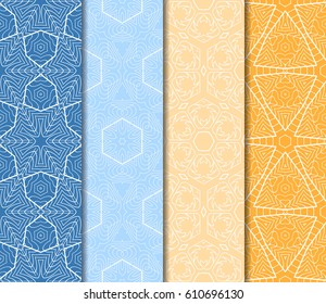 Set of 4 seamless vector patterns. Geometric floral pattern of lines and shapes. Modern design for backgrounds, wallpaper, invitations.