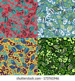 Set of 4 seamless vector patterns.Colorful foliage, curlicues and flowers continuous seamless pattern. Stylish bright shades  different colors.