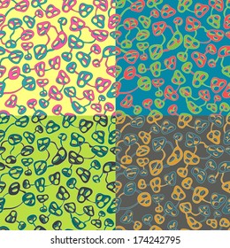 Set of 4 seamless vector patterns.Colorful mushrooms and flowers continuous seamless pattern. Stylish bright shades  different colors. Pattern can be used for wallpaper pattern fills surface textures.
