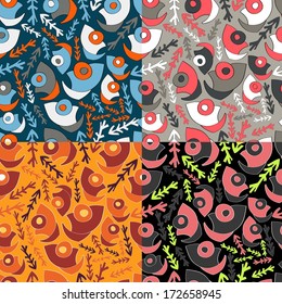 Set of 4 seamless vector patterns.Fish head continuous seamless pattern.