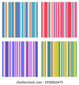 Set of 4 seamless vertical striped patterns. Bright colors for backgrounds, fabric, surface decoration. Vector illustration