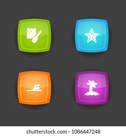 Set of 4 seaside icons set. Collection of swimmer, sand castle, sea star elements.