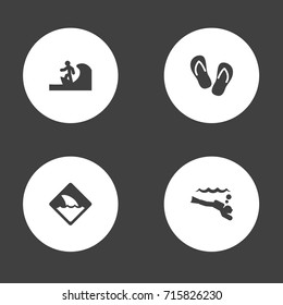 Set Of 4 Seaside Icons Set.Collection Of Scuba Diving, Warning, Flip Flop And Other Elements.