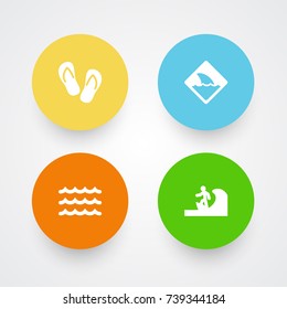 Set Of 4 Seaside Icons Set.Collection Of Wave, Warning, Surfing And Other Elements.