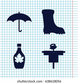 Set of 4 seasonal filled icons such as scarecrow, boot, maple syrup