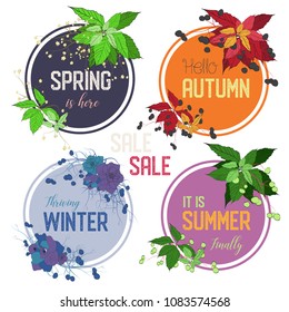 set of 4 seasons vector frames decorated with grapes leaves and roses in suitable color combinations and appropriate text