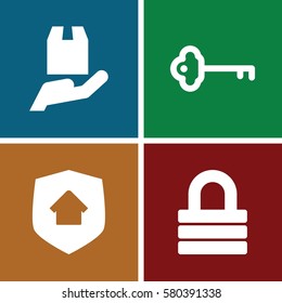 Set of 4 secure filled icons such as lock, cargo protection, home security