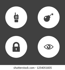Set of 4 security icons set. Collection of lock, eye, bomb and other elements.