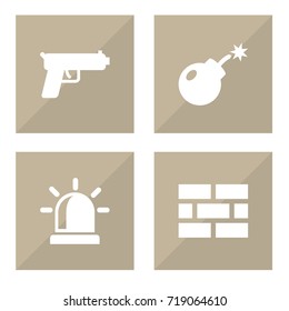 Set Of 4 Security Icons Set.Collection Of Shot, Firewall, Dynamite And Other Elements.
