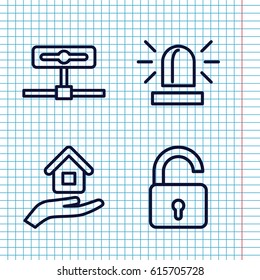 Set of 4 security outline icons such as opened lock, siren, house insurance