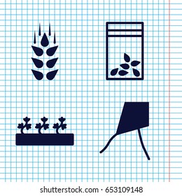 Set of 4 seed filled icons such as wheat, sprout plants, seed bag