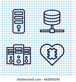 Set of 4 server outline icons such as cpu, cpu in heart