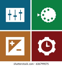 set of 4 settings filled icons such as sliders, light exposure, camera mode