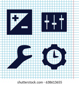 Set of 4 settings filled icons such as sliders, light exposure, wrench