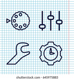Set of 4 settings outline icons such as wrench, camera mode, gear clock