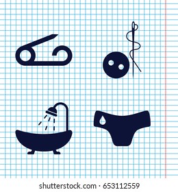 Set of 4 sewing filled icons such as pin, children panties, needle button