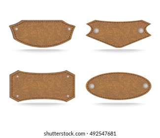 Set of 4 shapes of leather tag or leather sign labels on white background. Vector illustration