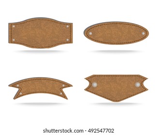 Set of 4 shapes of leather tag or leather sign labels on white background. Vector illustration