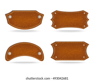 Set of 4 shapes of leather tag or leather sign labels on white background. Vector illustration