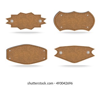 Set of 4 shapes of leather tag or leather sign labels on white background. Vector illustration