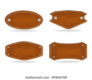 Set of 4 shapes of leather tag or leather sign labels on white background. Vector illustration