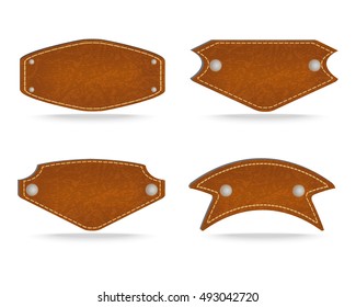Set of 4 shapes of leather tag or leather sign labels on white background. Vector illustration