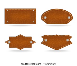 Set of 4 shapes of leather tag or leather sign labels on white background. Vector illustration