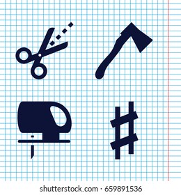 Set of 4 sharp filled icons such as electric saw, axe, scissors