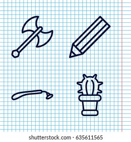 Set of 4 sharp outline icons such as razor, pencil, cactus