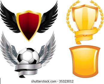 Set of 4 shields with banners and wings