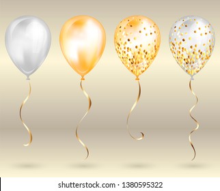 Set of 4 shiny gold realistic 3D helium balloons for your design. Glossy balloons with glitter and gold ribbon,perfect decoration for birthday party brochures, invitation card or baby shower.