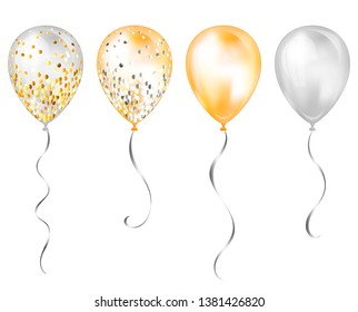 Set of 4 shiny gold realistic 3D helium balloons for your design. Glossy balloons with glitter and gold ribbon,perfect decoration for birthday party brochures, invitation card or baby shower.