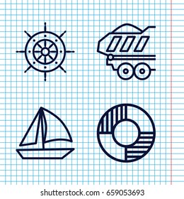 Set of 4 ship outline icons such as cargo trailer, lifebuoy, helm
