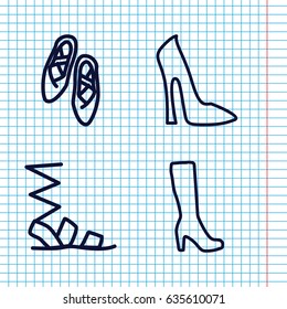 Set of 4 shoes outline icons such as woman boot, woman shoe, sandals