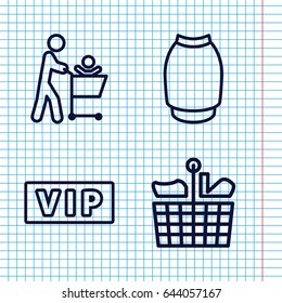 Set of 4 shopping outline icons such as vip, skirt, father with not in shopping cart