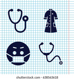 Set of 4 sick filled icons such as emoji in mask, stethoscope