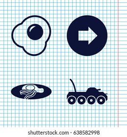 Set of 4 side filled icons such as arrow right, fried egg and bacon, egg